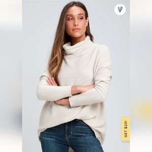 Free People Kitty Beige Cowl Neck Oversized Thermal Waffle Tunic Top XS